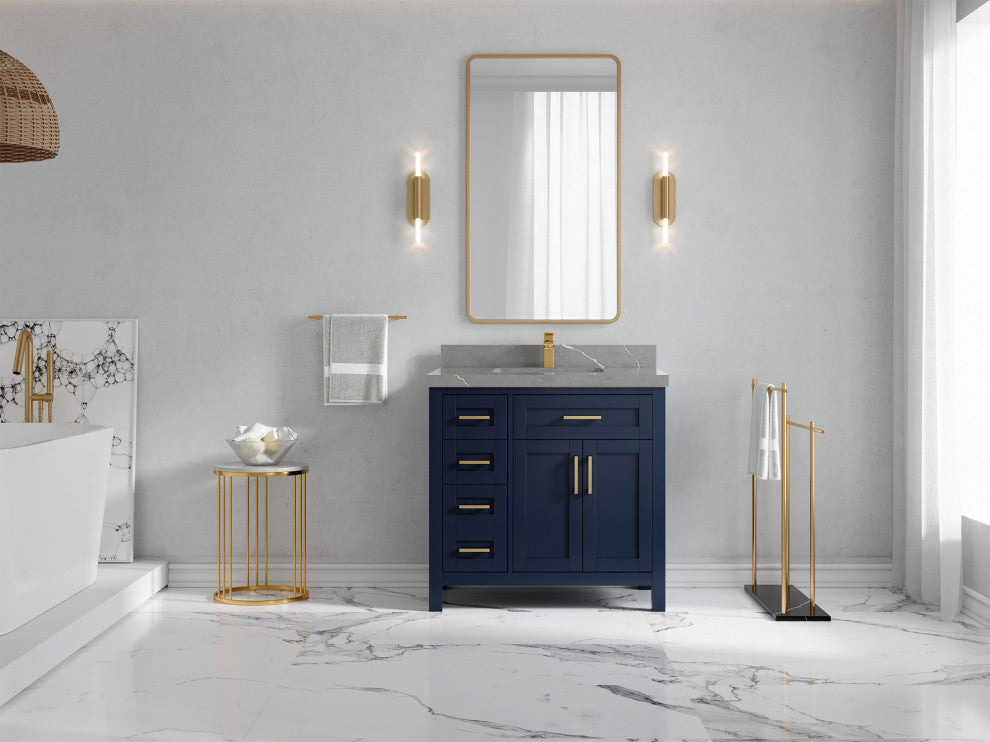 Cambridge 36 Center Sink Bath Vanity in Hale Navy Blue 2" Piatra Gray