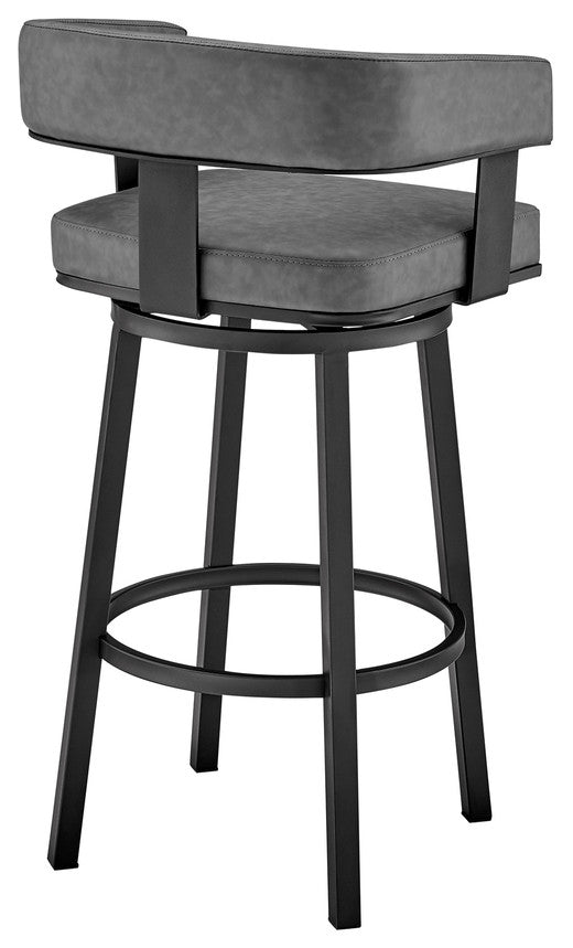 34" Gray Faux Leather And Iron Swivel Low Back Counter Height Bar Chair