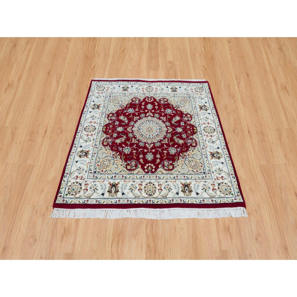 Burgundy Red, Hand Knotted, Nain Design, 250 KPSI Wool Square Rug, 4'1"x4'1"