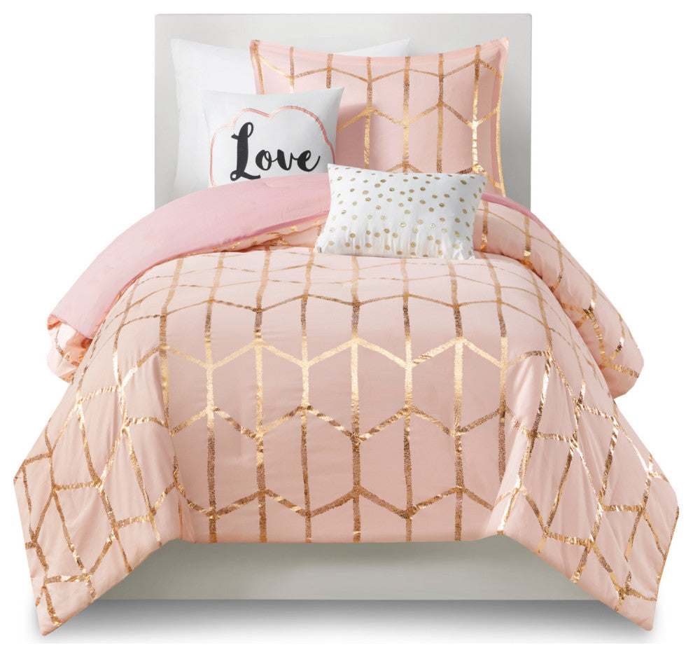 Intelligent Design Raina Metallic Printed Comforter Set, Blush/Gold