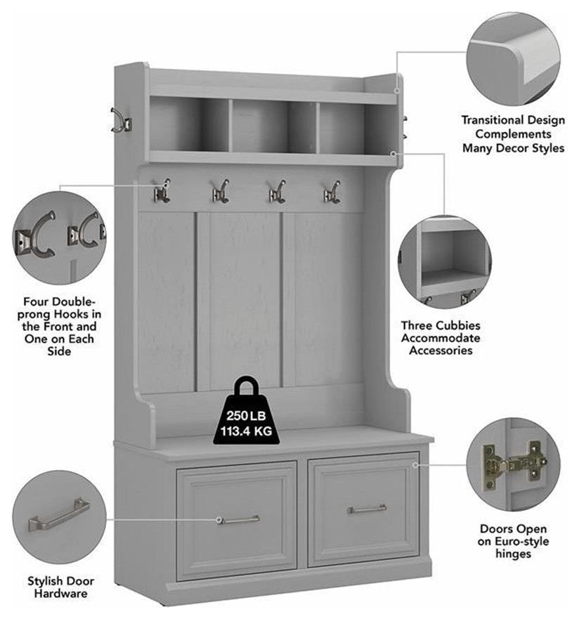 Woodland 40W Hall Tree & Shoe Bench w/ Doors in Cape Cod Gray - Engineered Wood