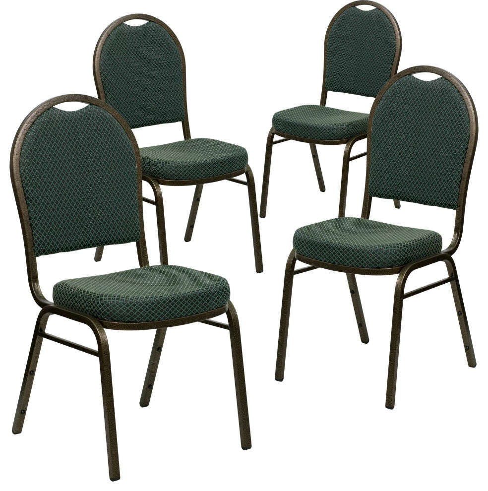 Set of 4 Dining Chair, Patterned Fabric Upholstery & Dome Back, Green/Gold Vein