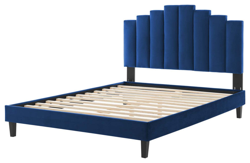 Platform Bed Frame, Queen Size, Velvet, Blue Navy, Modern Contemporary, Bedroom