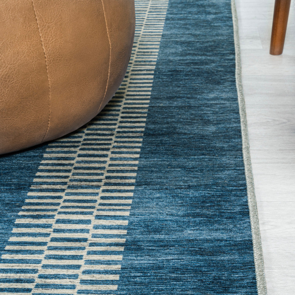 Vichy Geometric Striped Machine-Washable Blue/Cream 8 ft. x 10 ft. Area Rug