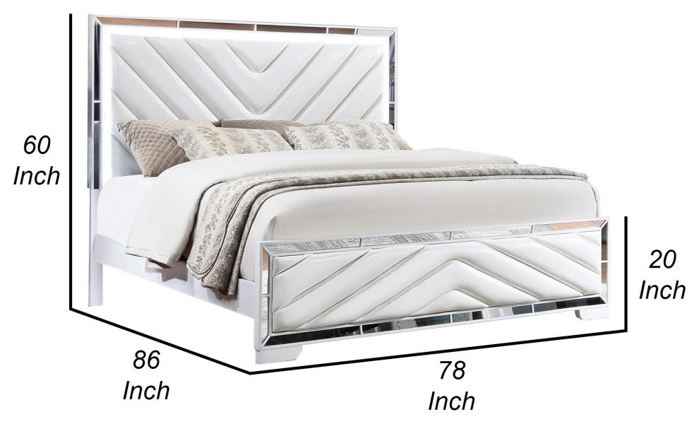 Benzara BM283634 Koi Pine Wood King Size Bed, Velvet, V Channel Tufting, White