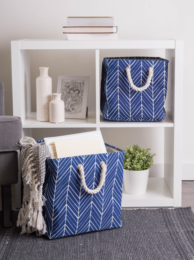 Polyester Bin Herringbone Nautical Blue Round Small 9"x12"x12"