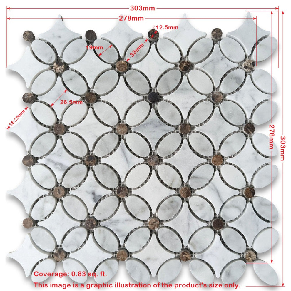 Carrara White Marble Chateau Flower Mosaic Tile Emperador Brown Dots, 1 Sheet