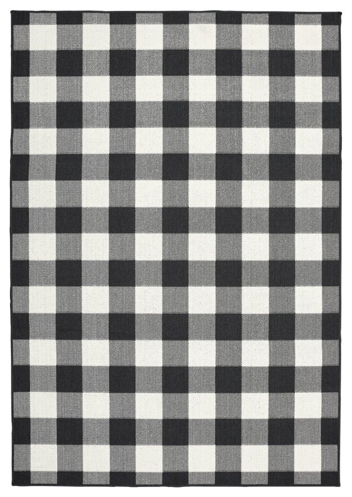 9??13??Black And Ivory Gingham Indoor Outdoor Area Rug