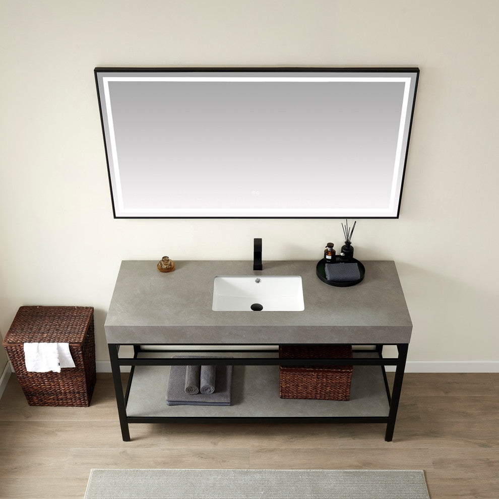 Funes Bath Vanity without Mirror, Matte Black Hardware, Double Sink, Grey Stone Top