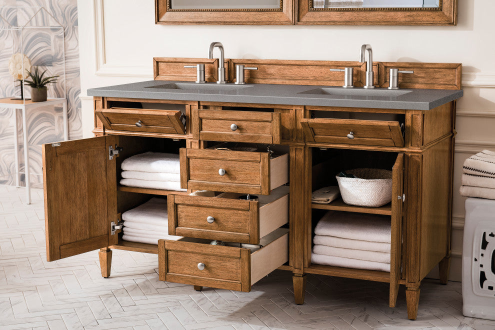 Brittany 60" Saddle Brown Double Vanity, Gray Expo Quartz Top