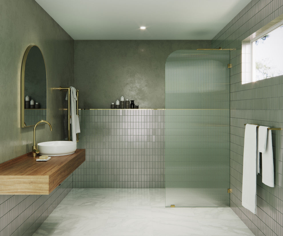 30"x78" Frameless Shower Door, Single Fixed Panel Fluted Radius, Polished Brass, 30" Right