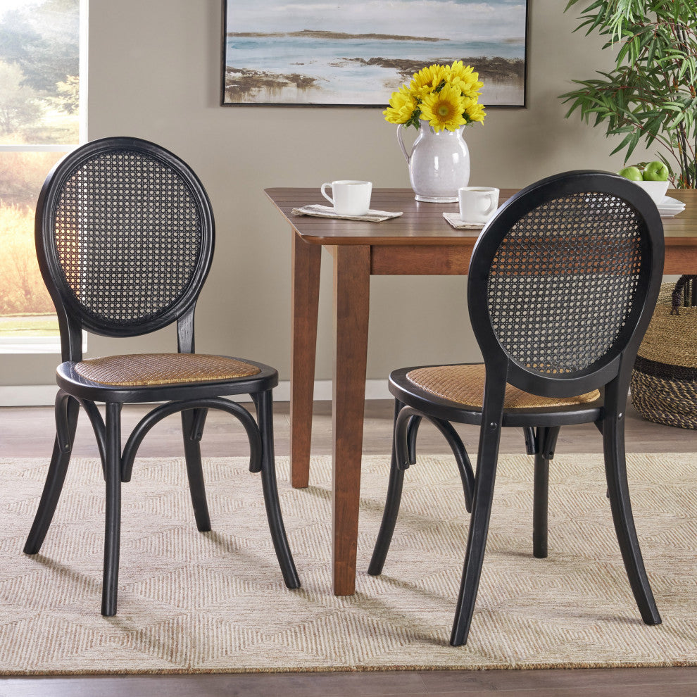 Bordeaux Elm Wood and Rattan Dining Chairs, Set of 2, Matte Black