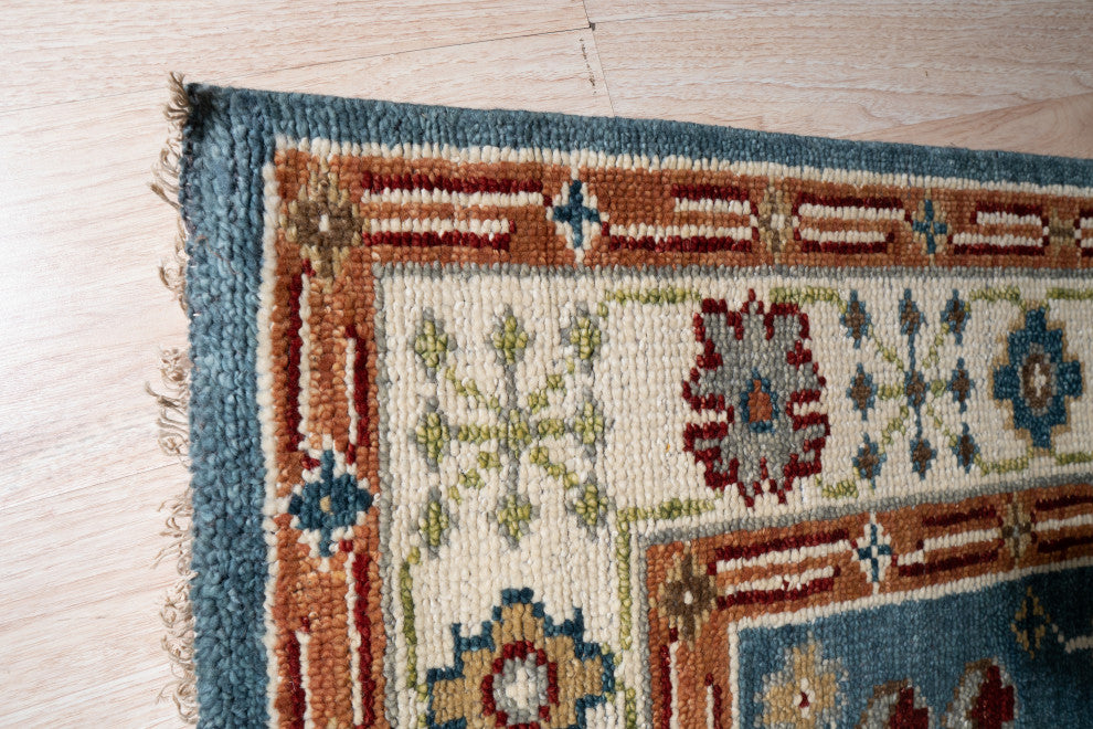 Hand-Knotted Wool Blue/Ivory Traditional All Over Traditional Knot Rug, 10'x14'