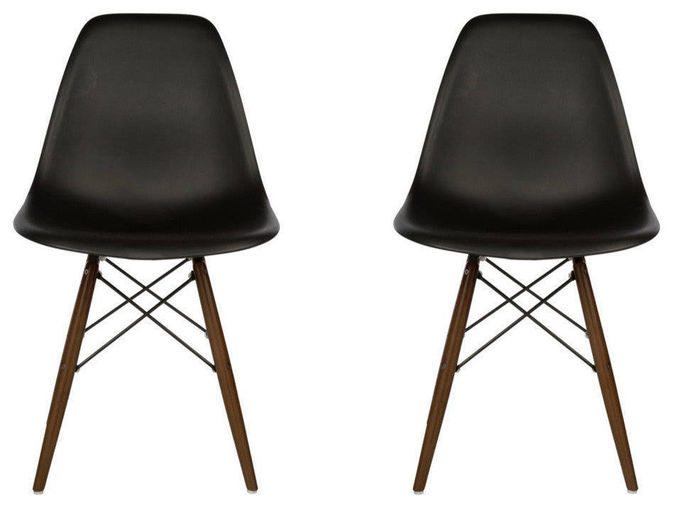 DSW Black Plastic Dining Shell Chair, Dark Walnut Wood, Set of 2