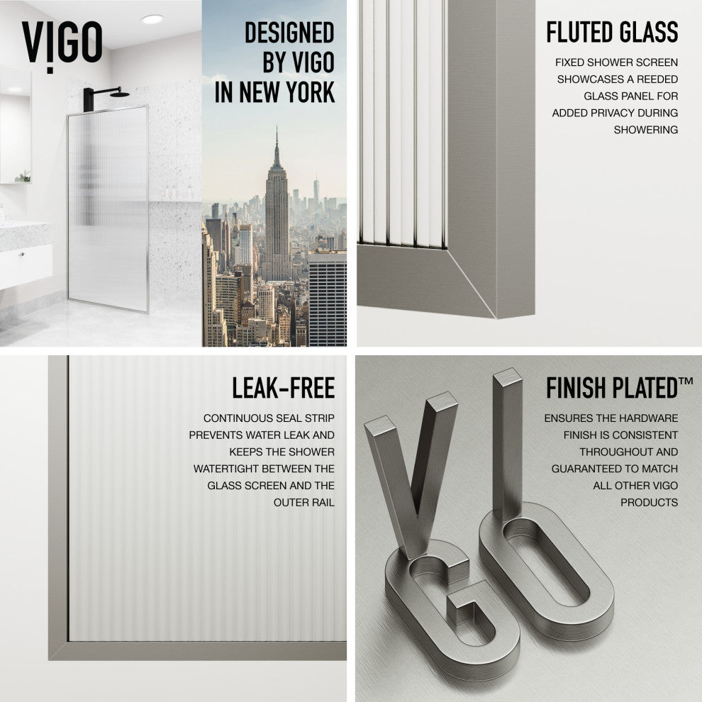 VIGO Meridian Framed Fixed, Stainless Steel, Shower Screen, 34" W X 74" H, Fluted Glass