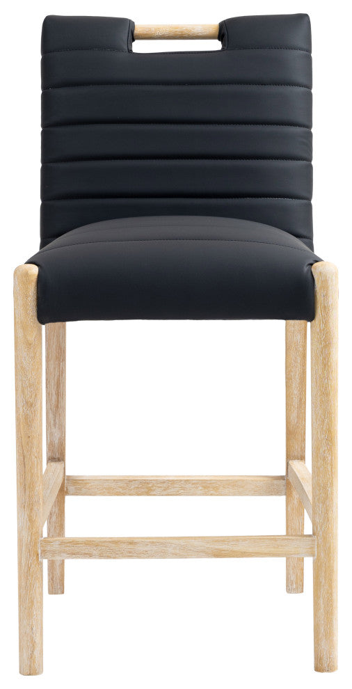 Aimee Upholstered Counter Stool, Black, Vegan Leather, Natural Oak Finish