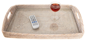 Rectangular Tray With Glass Insert, White Wash, 21"x14"x2"