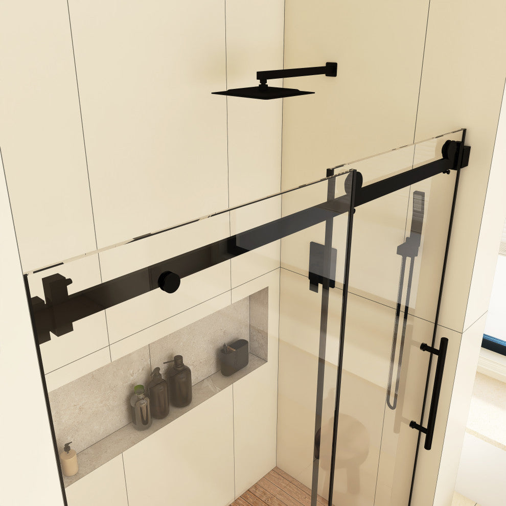 60" W x 76" H Frameless Single Sliding Shower Doors, Matt Black