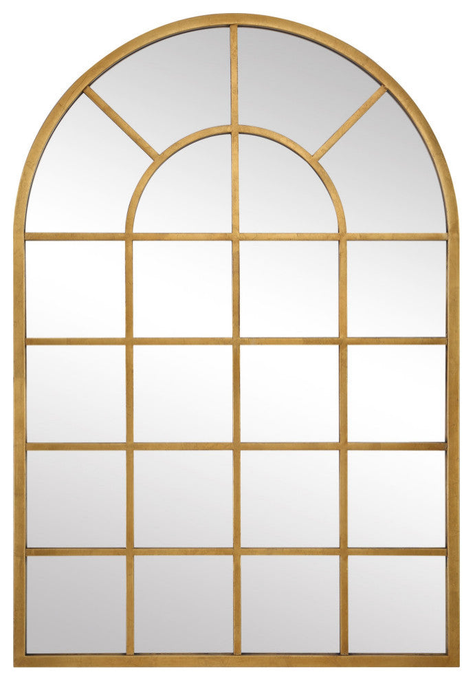 44 Inch Wood Wall Mirror, Arched Windowpane Shape, Antique Gold