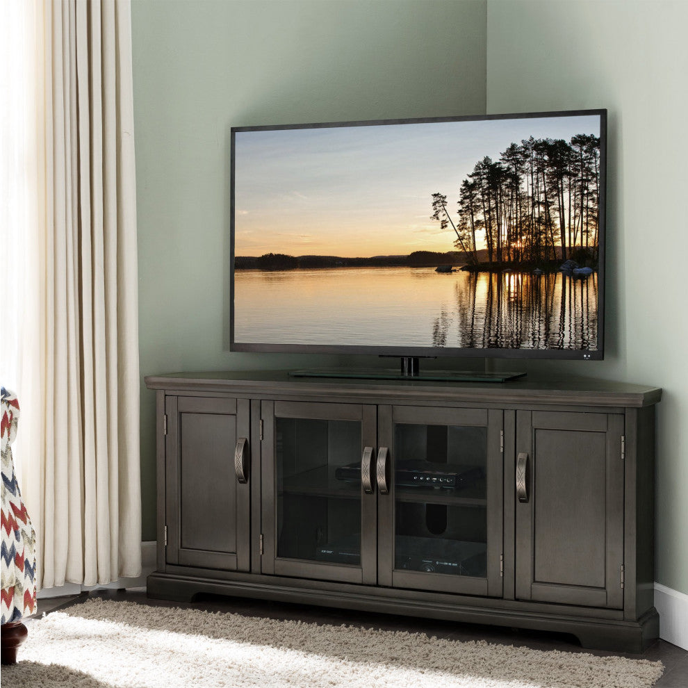 Riverstone Oak Corner TV Console with Glass Doors and Pewter Pulls