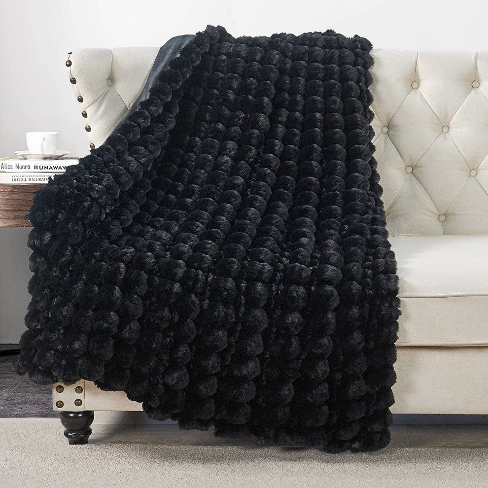 Spandex Bubble Faux Fur Throw Blanket, Black