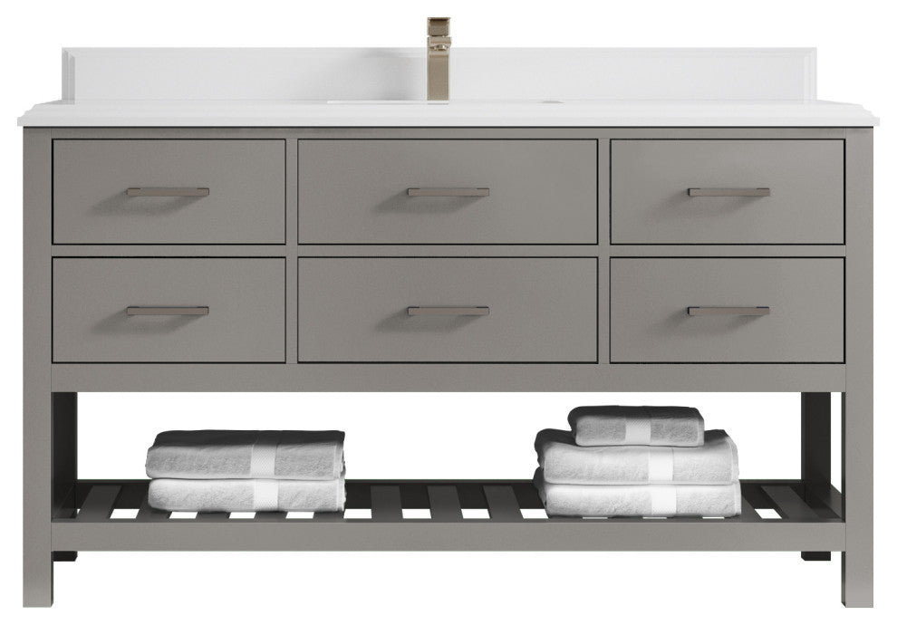 Parker 60 Single Sink Bathroom Vanity in Elephant Skin Gray  1.5" White Quartz