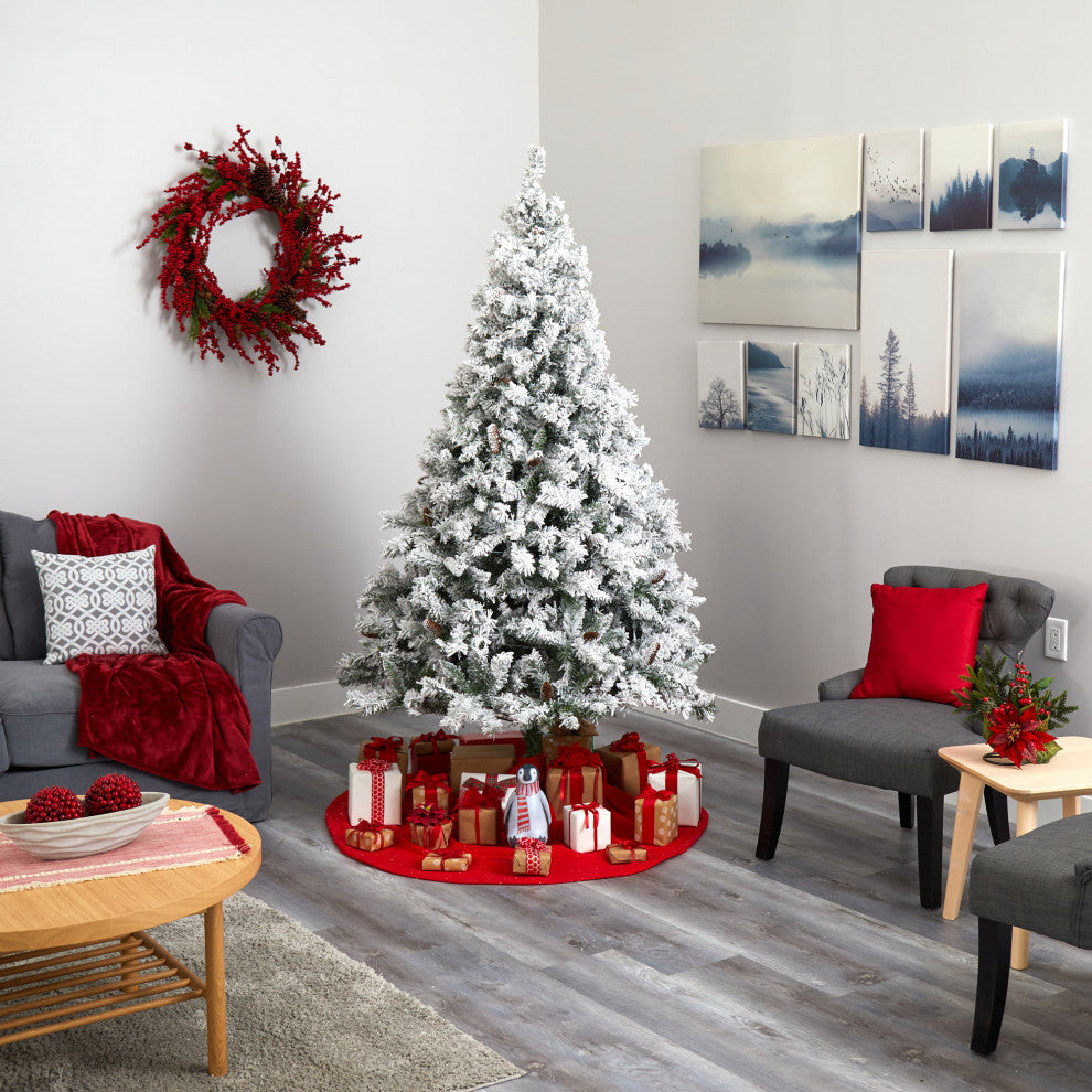 7' Flocked White River Mountain Pine Artificial Christmas Tree With Pinecones