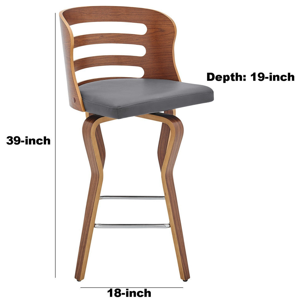 Benzara BM246060 Verne 30" Swivel Gray Faux Leather and Walnut Wood Bar Stool