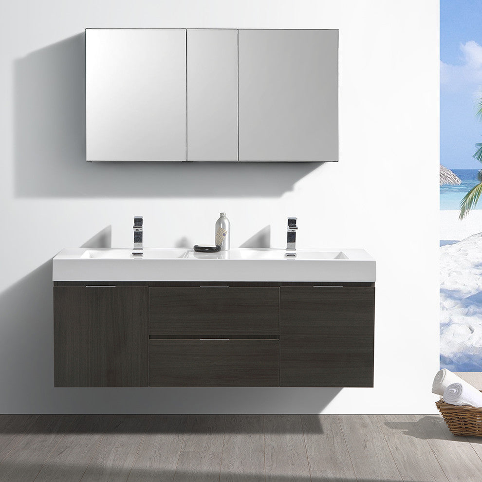 Valencia 60" Gray Oak Wall Hung Double Sink Vanity, Cabinet, Faucet FFT1040CH
