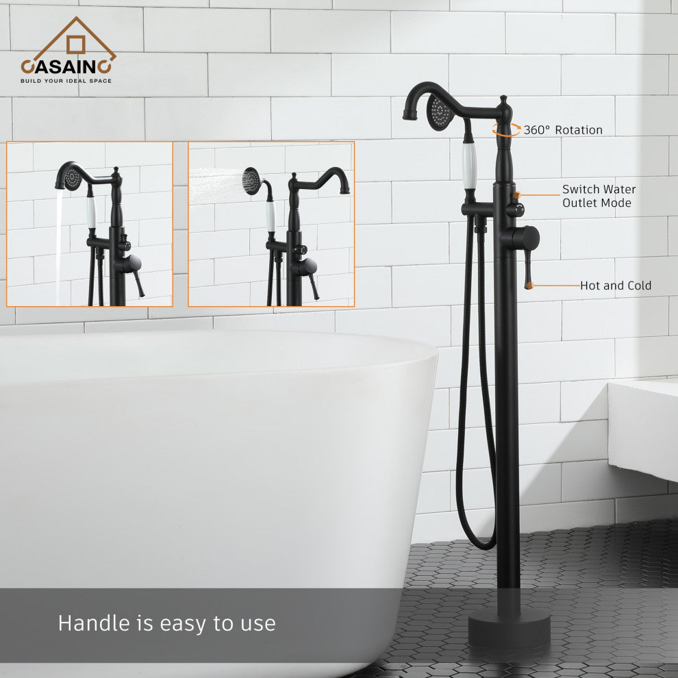 Single Handle Classical Freestanding Bathtub Faucet with Hand Shower Hand, Matte Black