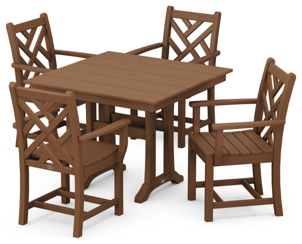Chippendale 5-Piece Farmhouse Trestle Arm Chair Dining Set, Teak