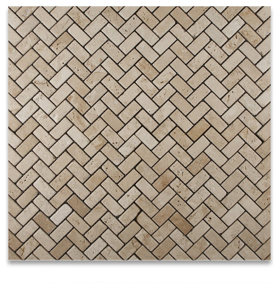 Ivory Travertine Tumbled 1 X 2 Herringbone Mosaic Tile
