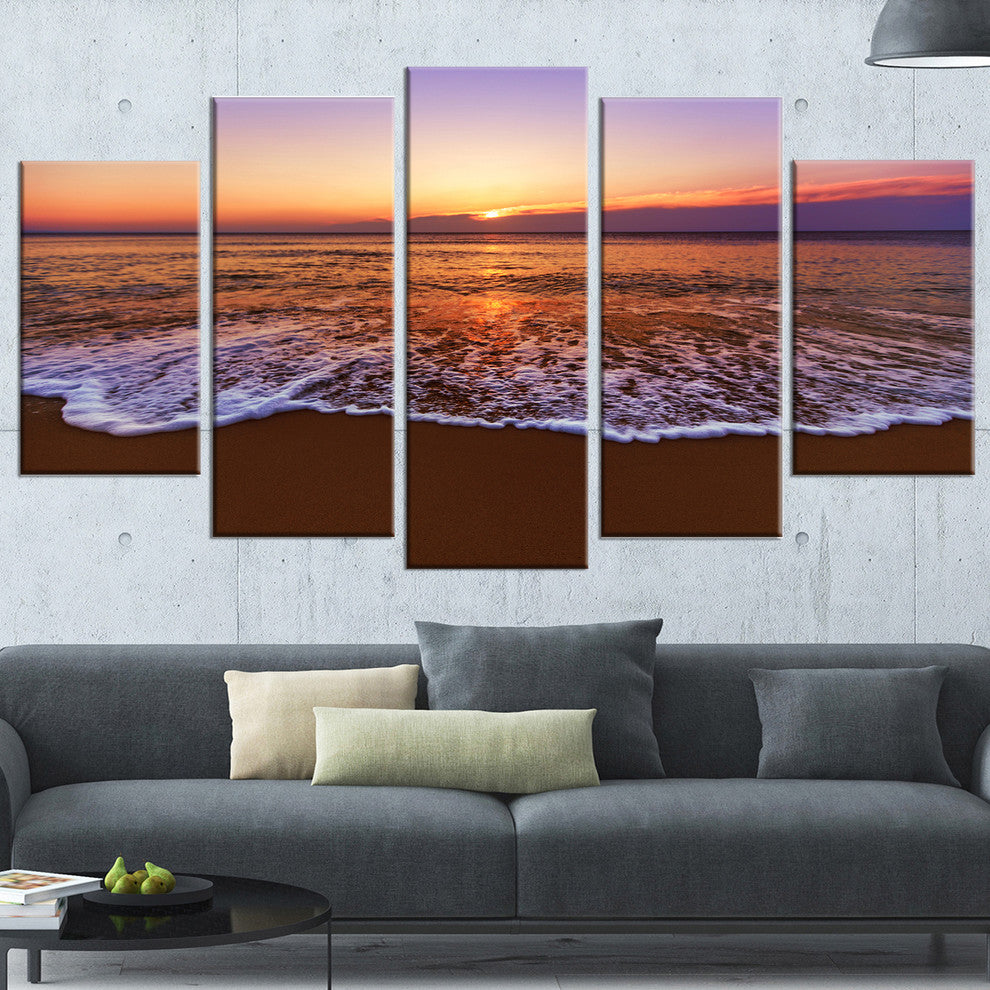 "Orange Tinged Sea Waters At Sunset" Beach Canvas Wall Art, 5 Panels, 60"x32"