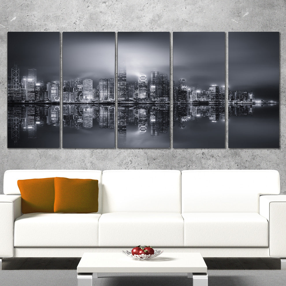 "Hong Kong Black And White Panorama" Cityscape Artwork Canvas, 5 Panels, 60"x28"
