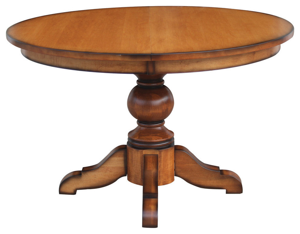 Kent Single Pedestal Table, Solid Top, Brown Maple Wood, 54x54 With 2 Middle Leaves