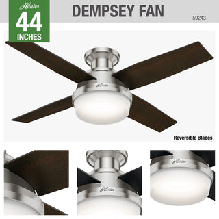 Hunter Fan Company  44" Dempsey Low Profile  Ceiling Fan With Light + Remote, Brushed Nickel