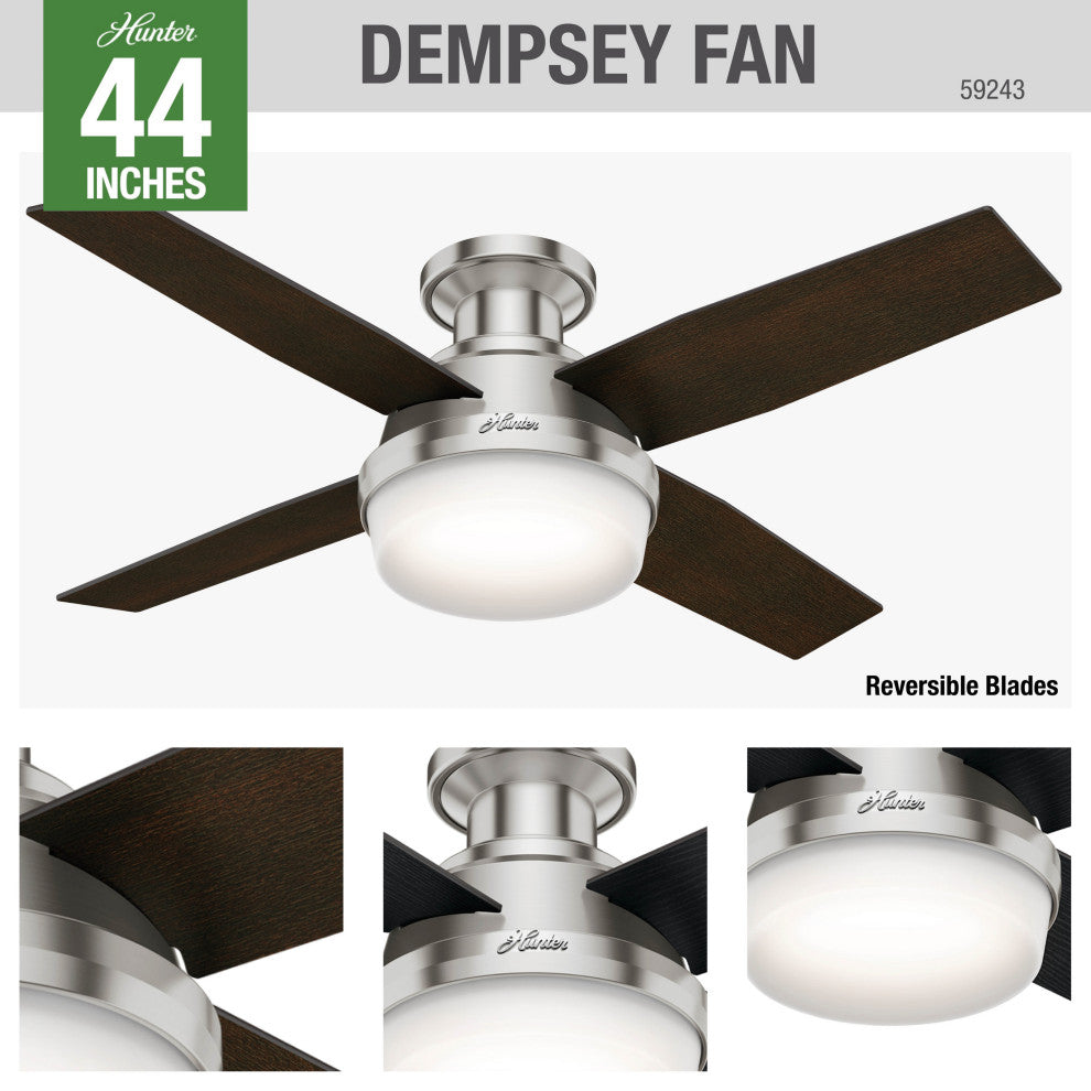 Hunter Fan Company  44" Dempsey Low Profile  Ceiling Fan With Light + Remote, Brushed Nickel