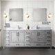 84" Distressed Gray Double Vanity, White Marble Top, White Sinks and 34" Mirrors