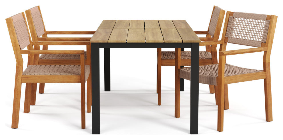 GDF Studio 5-Piece Outdoor Dining Set, Slat Table, Teak/Light Brown Rope