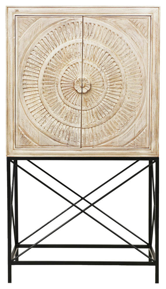 Albert Solid Wood Wine Cabinet With 2 Hand-Carved Doors, Distressed White