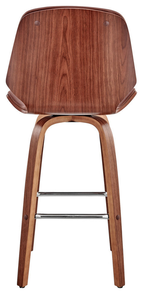 Arabela Faux Leather and Wood Swivel Bar Stool, Brown and Walnut