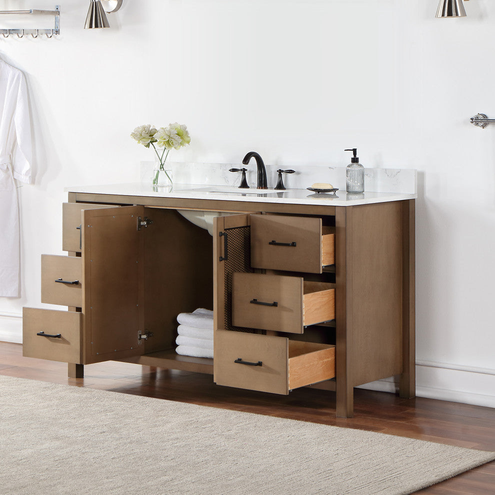 Hadiya Brown Pine Bathroom Vanity Set, 60s", Without Mirror
