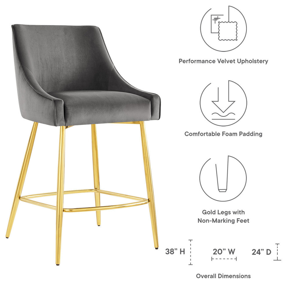 Counter Stool Chair, Gray, Velvet, Modern, Mid Century Bistro Dining