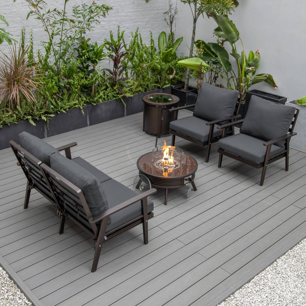 LeisureMod Walbrooke Patio Conversation Set With Fire Pit Table, Charcoal