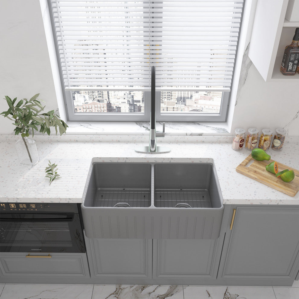 33in Double Bowl Fireclay Farmhouse Apron Kitchen Sink with Striped Design, Matte Gray