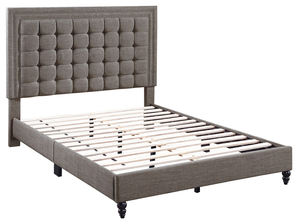 Fabric Upholstered Bed With Button Tufted Headboard, Brown, Full