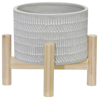 6" Ceramic Tribal Planter With Wood Stand, Beige