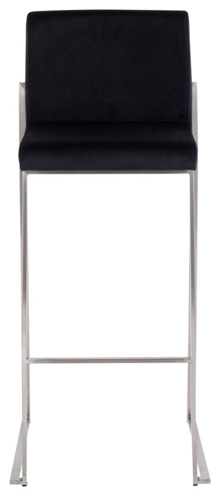 Fuji High Back Barstool, Stainless Steel/Black Velvet, Set of 2