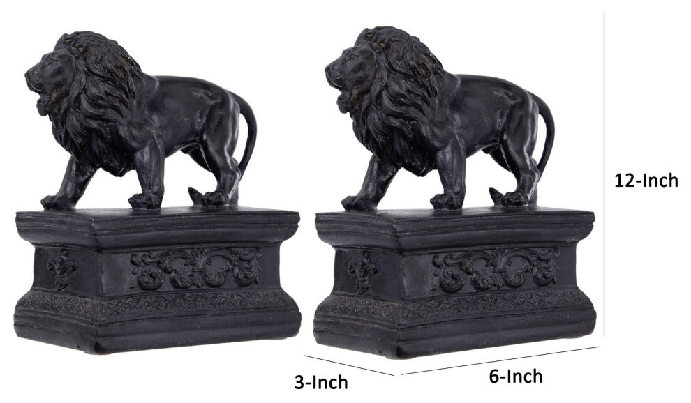 Benzara 2-Piece Set Bookends, Lion Statuette Figurines, Glossy Black Resin