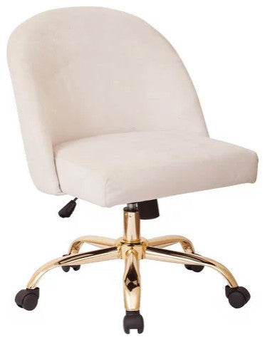Elegant Office Chair, Golden Base With Padded Seat & Curved Back, Gray Velvet